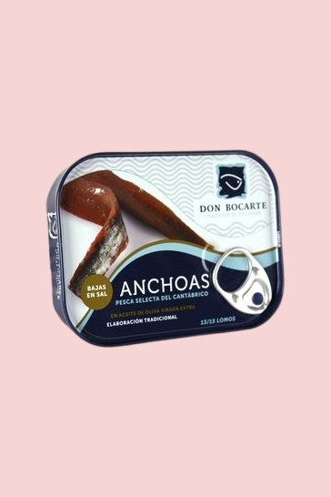 Anchois de Cantabrie Don Bocarte à l'huile d'olive, faible teneur en sel (85 gr - 13/15 filets)