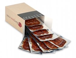 Carton ouvert de Chorizo ibérique de bellota d'Estrémadure en tranches