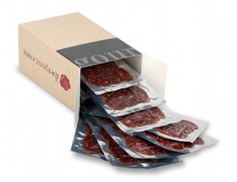 Carton ouvert de Cecina de León Feblame (viande bovine fumée et séchée) en tranches